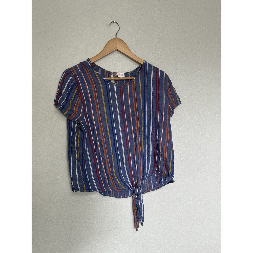 K.I.T  Colorful Coastal Beachy Southwestern Rainbow Boho Stripe Front Tie Top XL